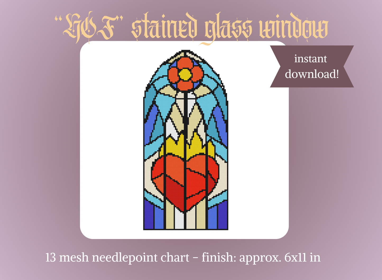 “Heart on Fire” Stained Glass Window Needlepoint Digital Chart